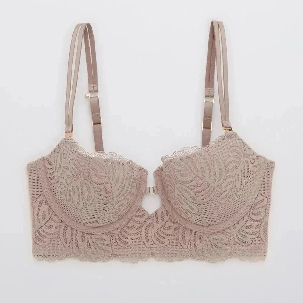 aerie Lace Longline Underwire Bra in Taupe